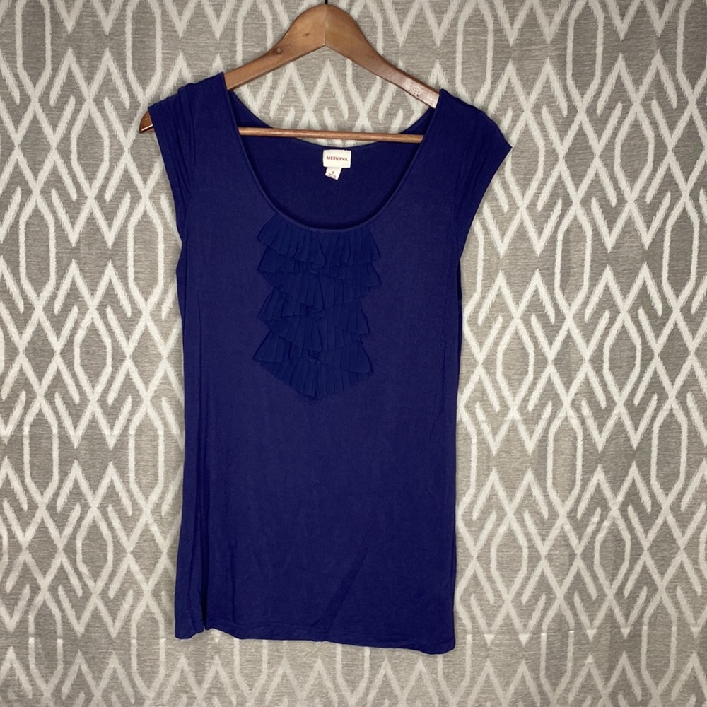 Navy Cap Sleeve Tee with Ruffled Bust Size: Small